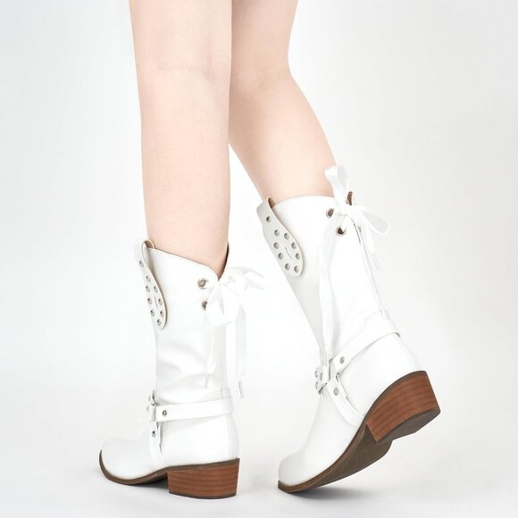 Women's White Western Leather Mid Calf Fashion Chunky Cowgirl Pointed Toe Boot - Picture 6 of 7